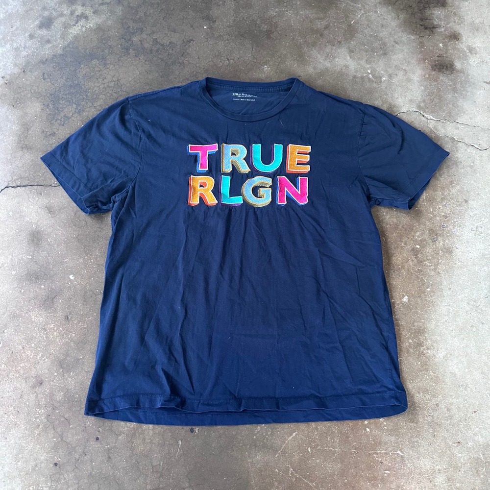 True Religion T-Shirt Mens 3XL Navy Blue Excellent Embroidered Logo Tee